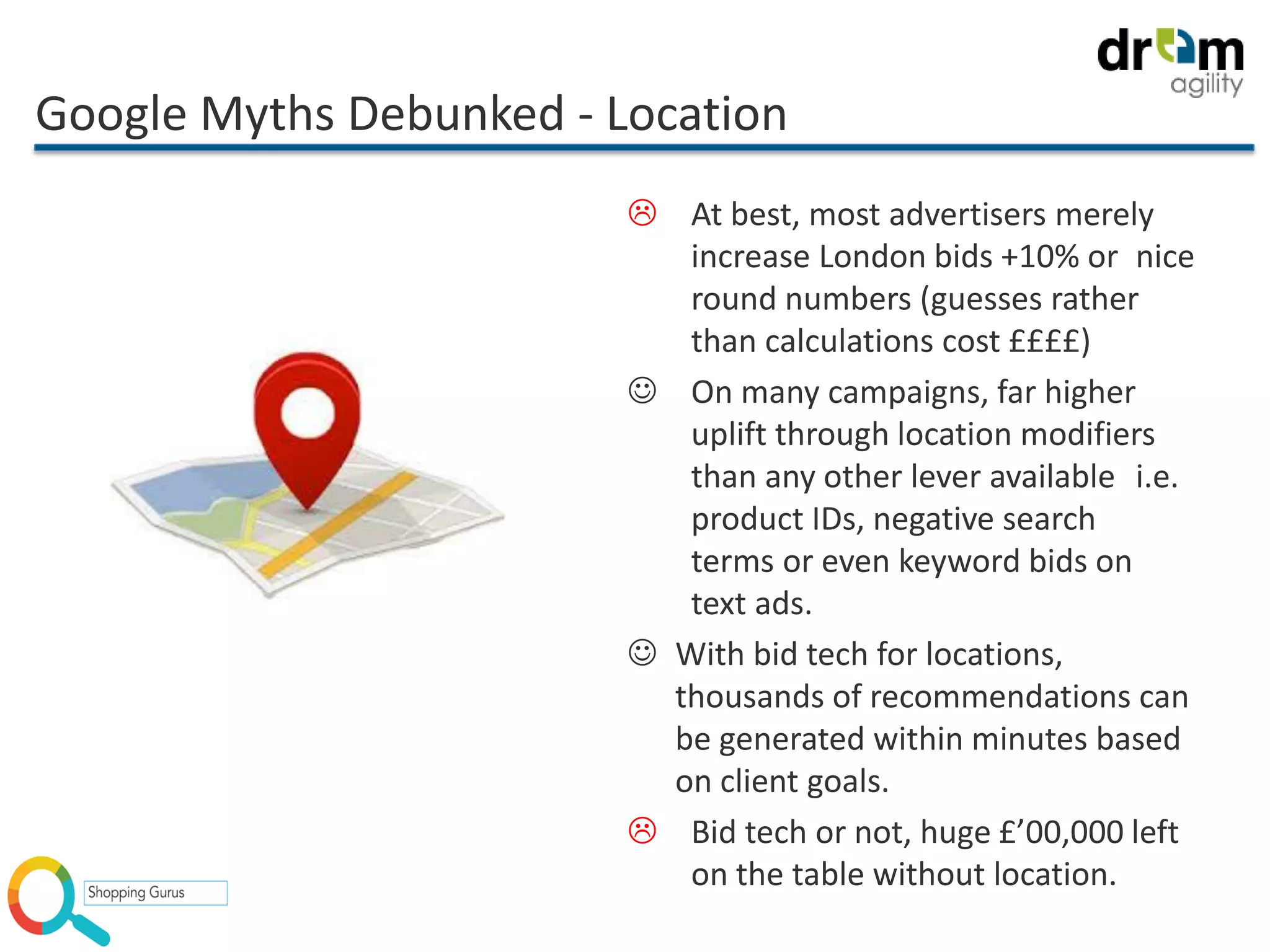 Google Myths Debunked - Location
 At best, most advertisers merely
increase London bids +10% or nice
round numbers (guesses rather
than calculations cost ££££)
 On many campaigns, far higher
uplift through location modifiers
than any other lever available i.e.
product IDs, negative search
terms or even keyword bids on
text ads.
 With bid tech for locations,
thousands of recommendations can
be generated within minutes based
on client goals.
 Bid tech or not, huge £’00,000 left
on the table without location.
 