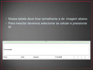 • Nossa tabela deve ficar semelhante a da imagem abaixo
• Para mesclar devemos selecionar as celular e pressionar
  M
 