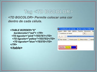 • <TD BGCOLOR> Permite colocar uma cor
  dentro de cada célula.

  <TABLE BORDER="6"
     bordercolor="red"> <TR>
   <TD bgcolor="pink">TESTE1</TD>
    <TD bgcolor="yellow">TESTE2</TD>
    <TD bgcolor="blue">TESTE</TD>
  </TR>
  </table>
 