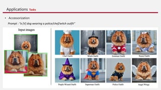 Applications Tasks
• Accessorization
Prompt : “a [V] dog wearing a police/chef/witch outfit”
 