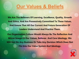Our Values & Beliefs
We Are The Believers Of Learning, Excellence, Quality, Growth
And Ethics, And Are Possessively Committed To These Values,
And Ensure That All Our Current And Future Generation Of
Leaders Understand And Practice Them.
Our Organization Culture Would Always Be The Reflection And
Mirror Image Of Our Values, Believes And Core Ideology. We
Will Not Do Any Business Or Take Any Decision Which Does Not
Fits Into Our Value System And Ideology.
 