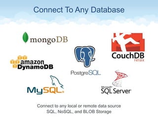 Connect To Any Database
Connect to any local or remote data source
SQL, NoSQL, and BLOB Storage
 