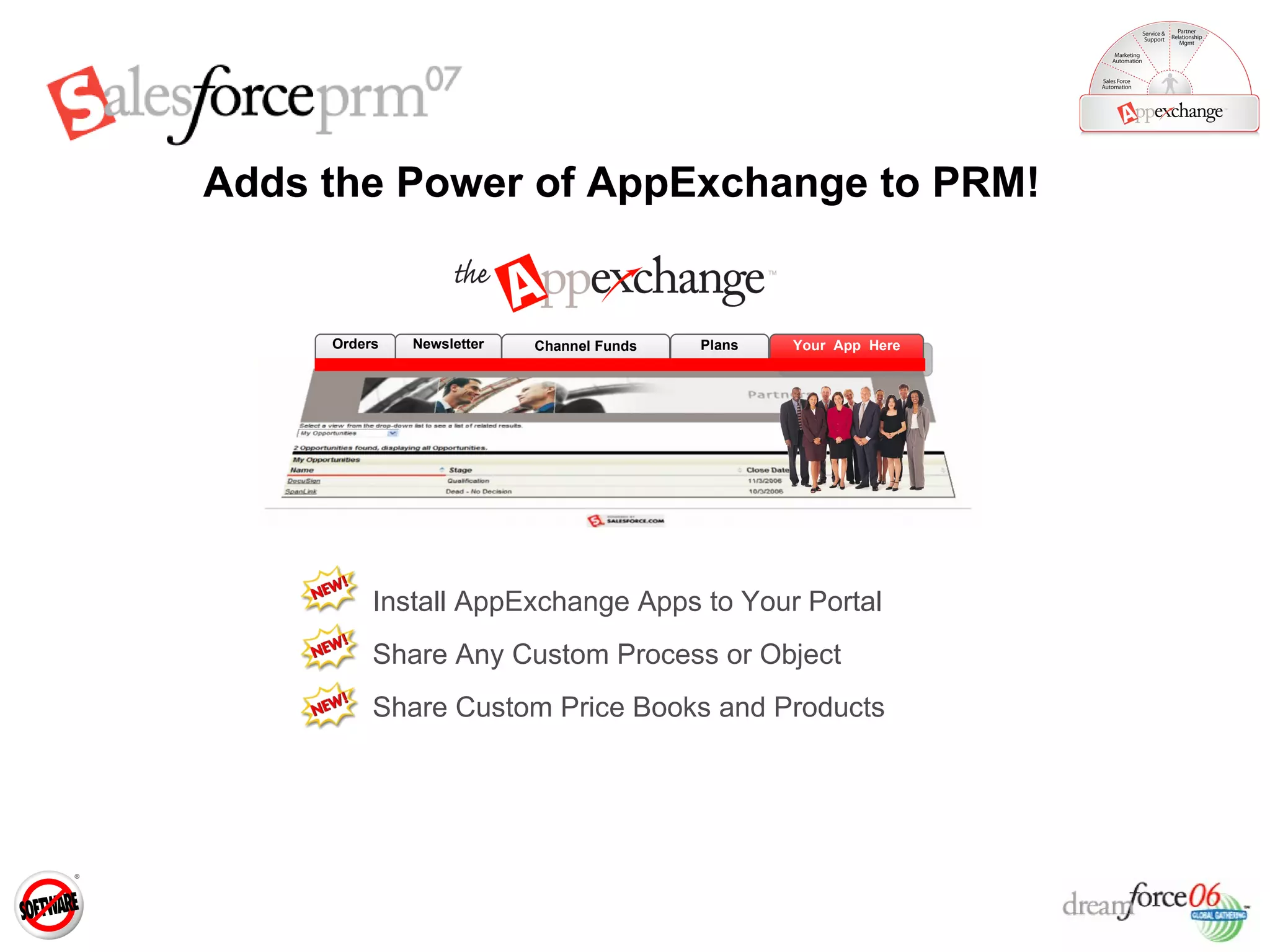 Adds the Power of AppExchange to PRM! Install AppExchange Apps to Your Portal Share Any Custom Process or Object  Share Custom Price Books and Products Channel Funds Plans Orders Your  App  Here Newsletter 
