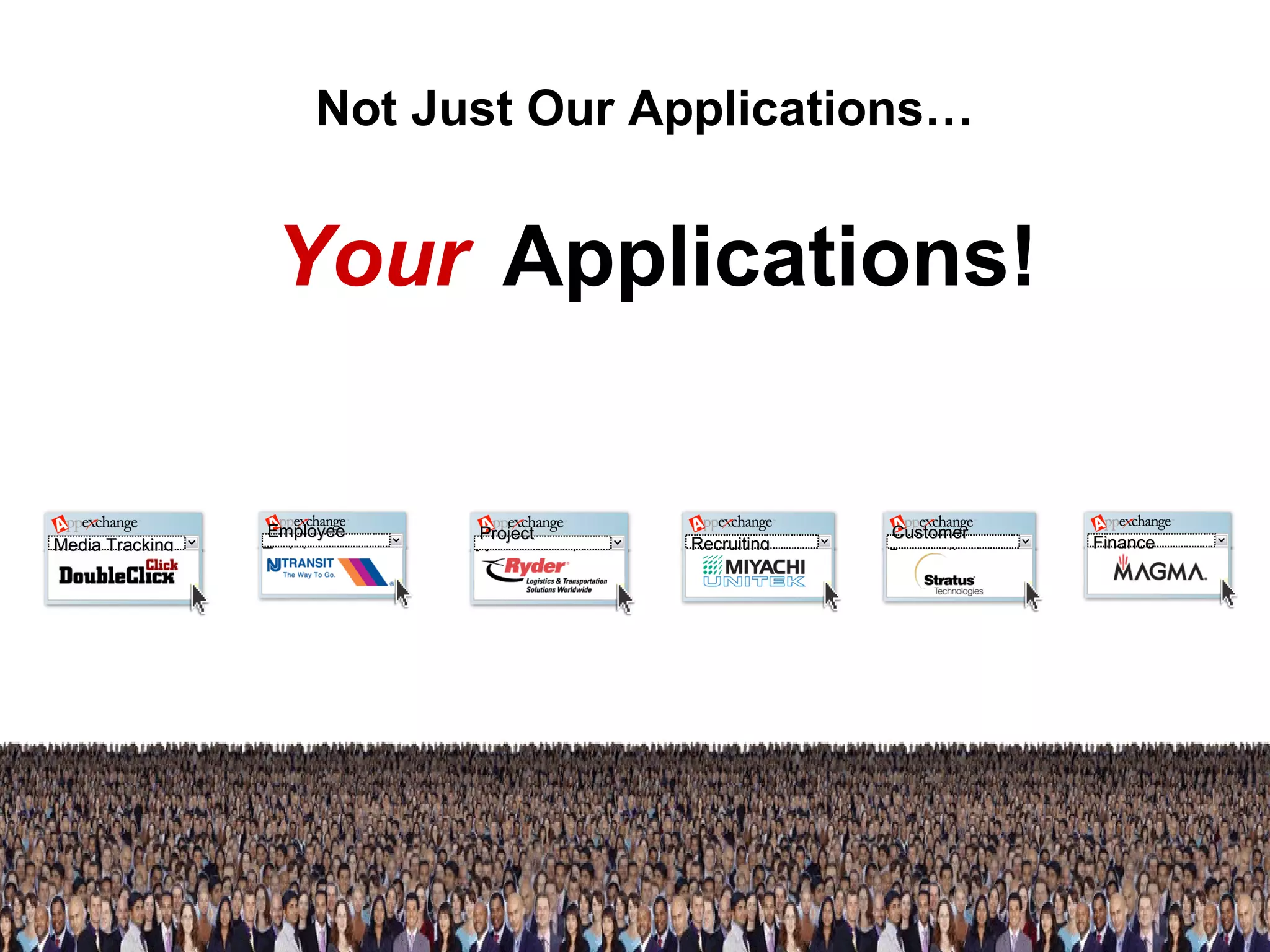 Not Just Our Applications…   Your  Applications! Employee Training Recruiting Project Management Media Tracking Customer Connection Finance 
