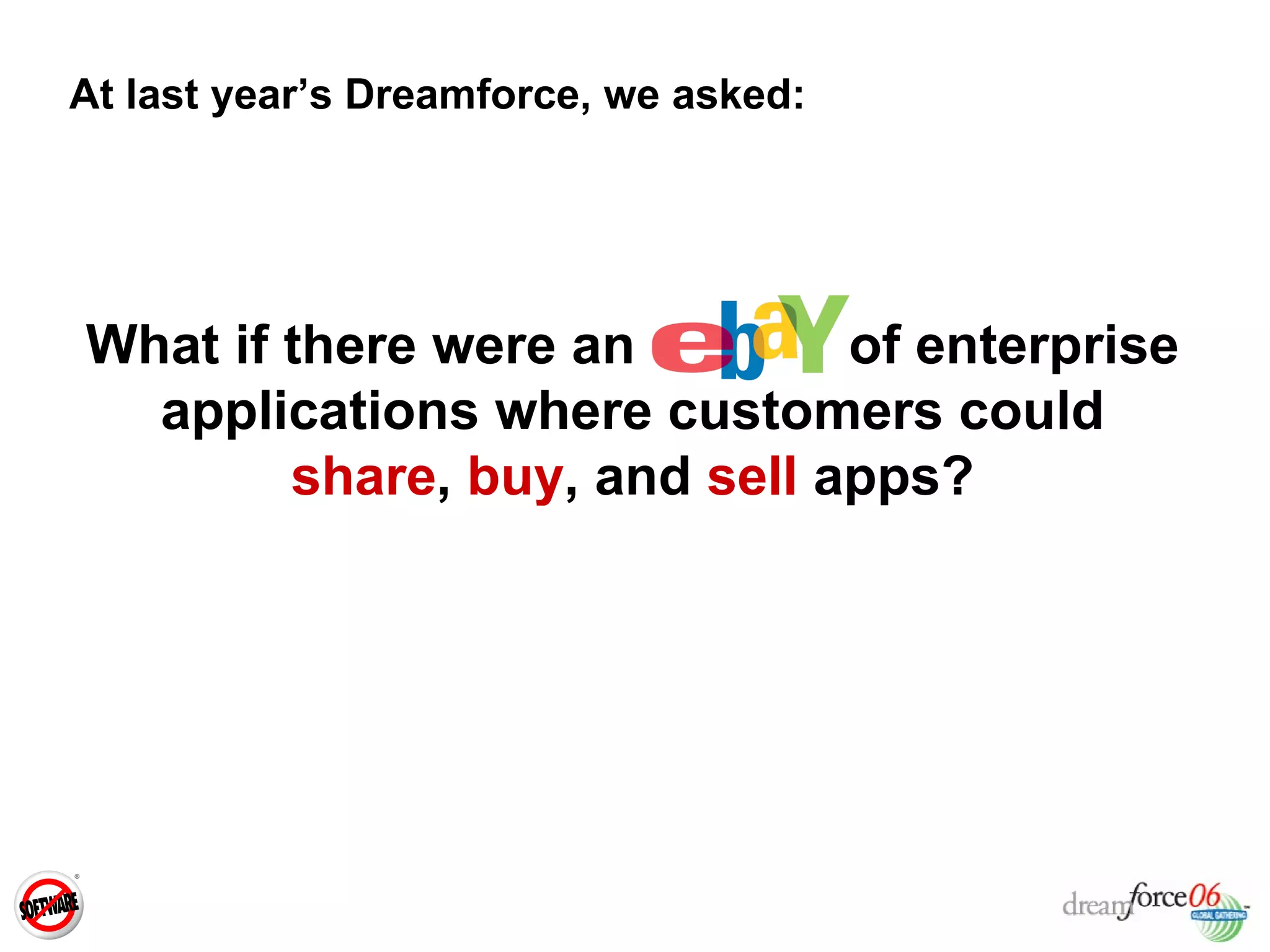 What if there were an  of enterprise applications where customers could  share ,  buy , and  sell   apps? At last year’s Dreamforce, we asked: 