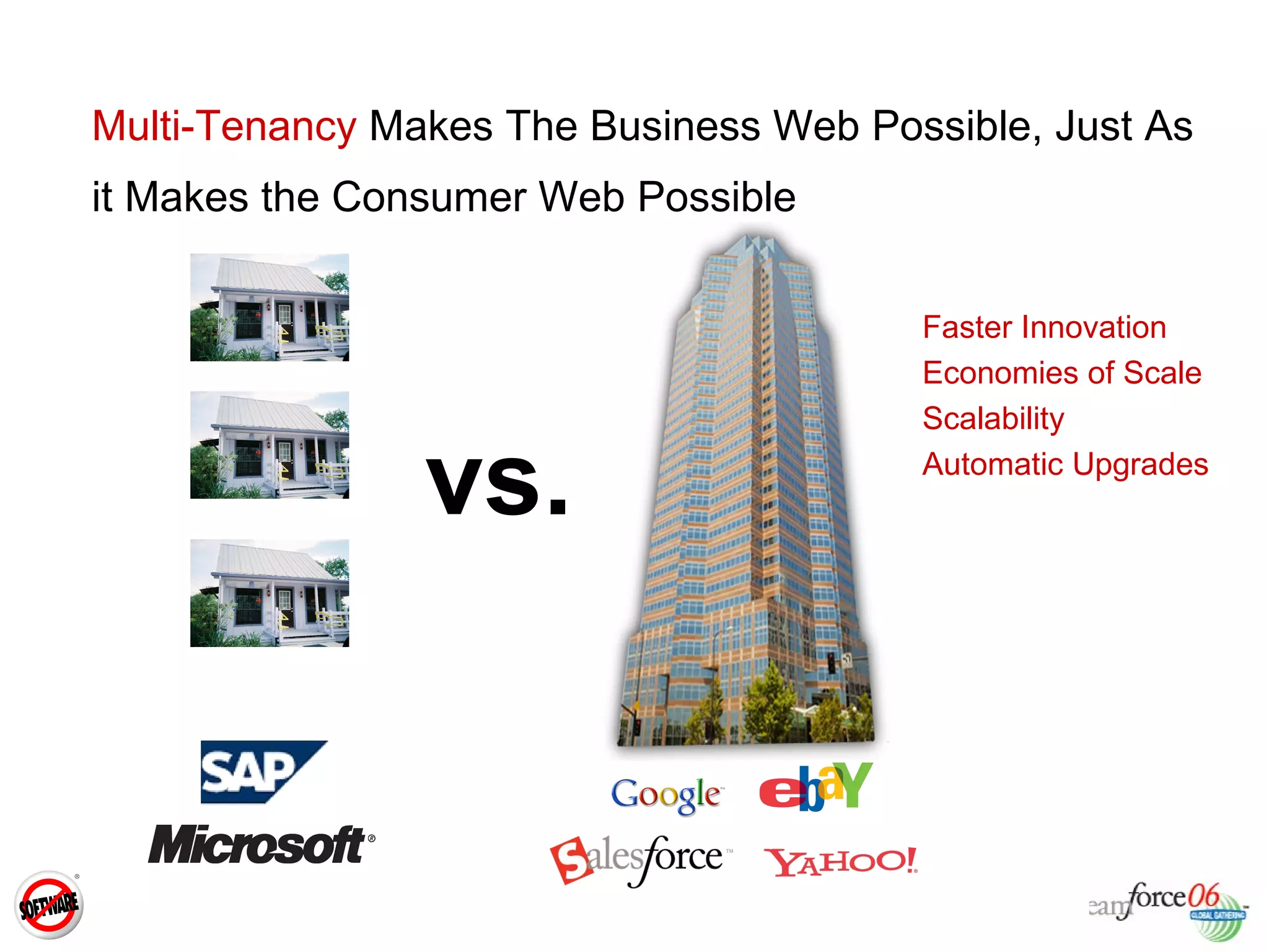 Multi-Tenancy  Makes The Business Web Possible, Just As it Makes the Consumer Web Possible Faster Innovation Economies of Scale  Scalability Automatic Upgrades vs. 