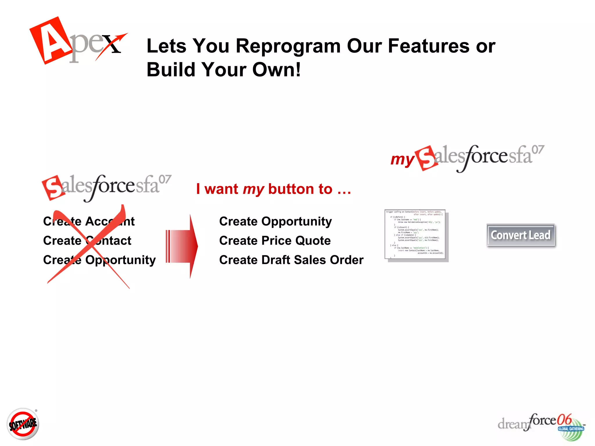 Lets You Reprogram Our Features or Build Your Own! Create Account Create Contact Create Opportunity Create Opportunity Create Price Quote Create Draft Sales Order I want  my  button to … my 