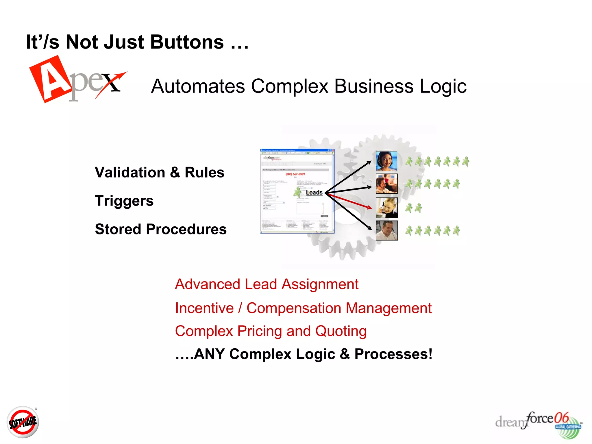 It’/s Not Just Buttons …  Automates Complex Business Logic  Advanced Lead Assignment Incentive / Compensation Management Complex Pricing and Quoting … .ANY Complex Logic & Processes! Validation & Rules Triggers Stored Procedures 