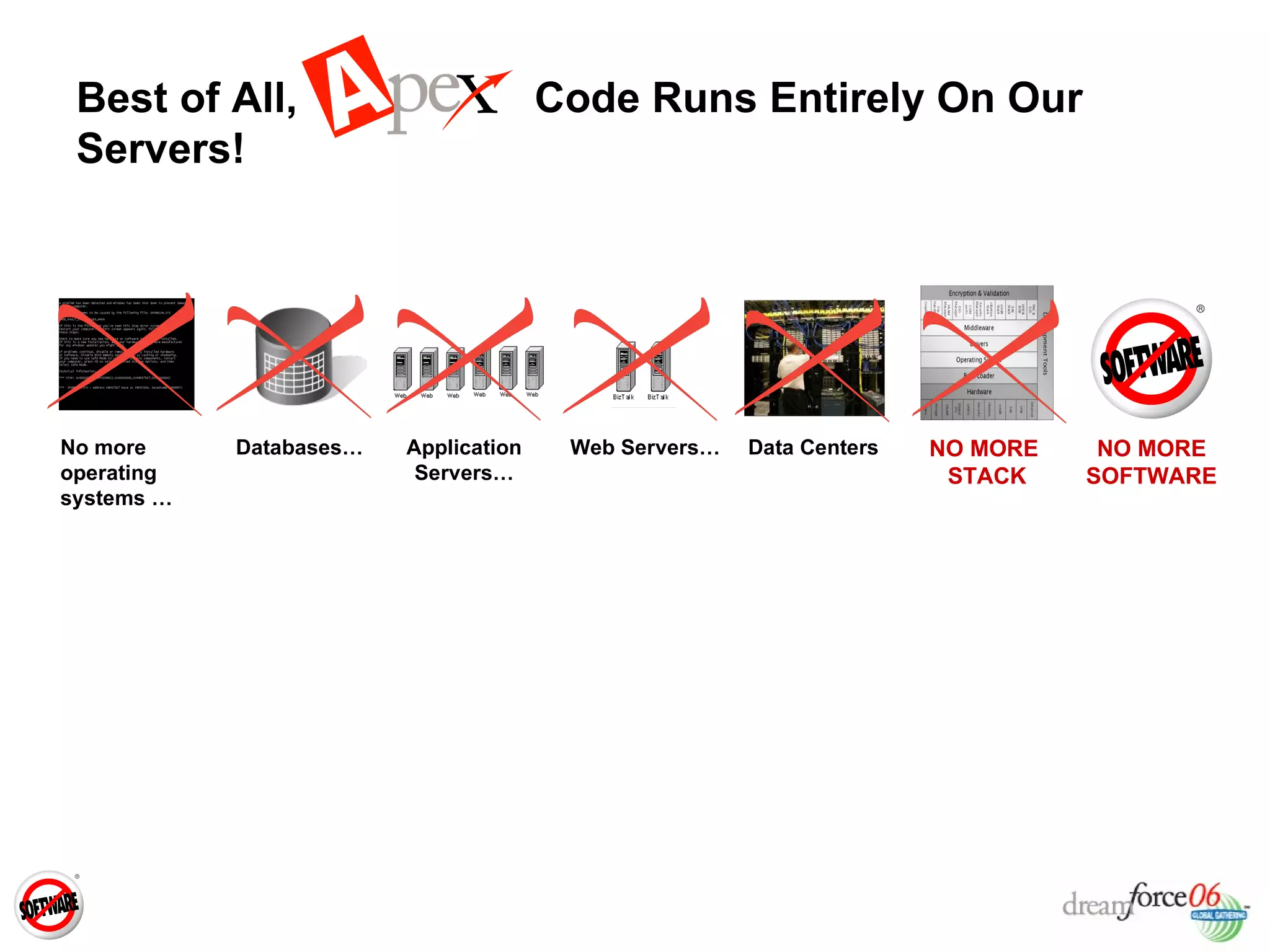 Best of All,  Code Runs Entirely On Our Servers! No more operating systems … Databases… Application Servers… Web Servers… Data Centers NO MORE  STACK NO MORE SOFTWARE 