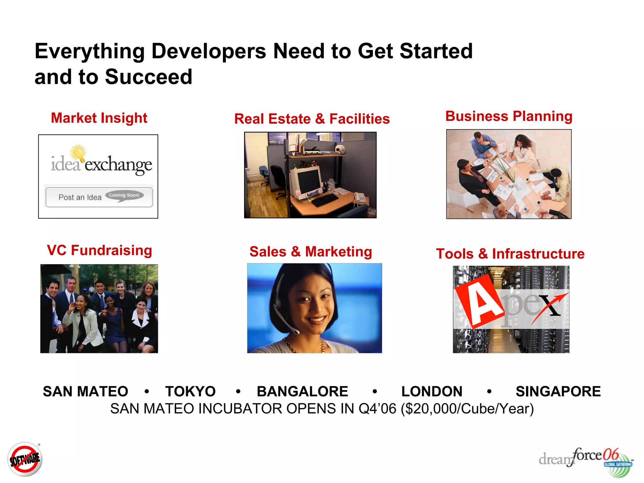 SAN MATEO  •  TOKYO   •   BANGALORE  •   LONDON  •   SINGAPORE SAN MATEO INCUBATOR OPENS IN Q4’06 ($20,000/Cube/Year) Everything Developers Need to Get Started and to Succeed Market Insight Real Estate & Facilities Business Planning VC Fundraising Sales & Marketing Tools & Infrastructure 