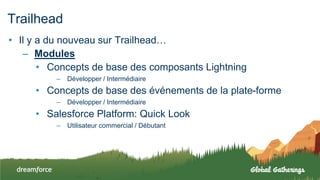 Trailhead
• Il y a du nouveau sur Trailhead…
– Modules
• Concepts de base des composants Lightning
– Développer / Intermédiaire
• Concepts de base des événements de la plate-forme
– Développer / Intermédiaire
• Salesforce Platform: Quick Look
– Utilisateur commercial / Débutant
 