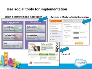 Use social tools for implementation
Select a Marketo Social Application

Develop a Marketo Social Campaign

Launch!

 