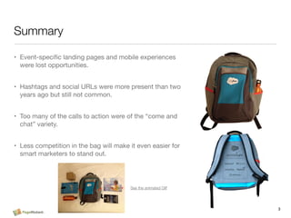 Summary
• Event-speciﬁc landing pages and mobile experiences
were lost opportunities.
• Hashtags and social URLs were more...