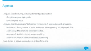 Angular app structuring, industry standard guidelines from
Google’s Angular style guide.
Ionic template apps.
Angular App Structuring in “Salesforce” reviewed in 4 approaches with pros/cons.
Approach 1: Using couple of static resources and supporting VF pages per SPA.
Approach 2: Mavensmate resource bundles.
Approach 3: Aside.io zipped resource editing.
Approach 4: Welkin Suite zipped resource editing.
Live demos of above approaches in a Salesforce org.
Agenda
 