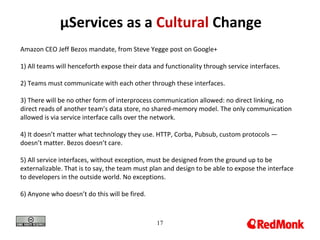 17
µServices as a Cultural Change
Amazon CEO Jeff Bezos mandate, from Steve Yegge post on Google+
1) All teams will henceforth expose their data and functionality through service interfaces.
2) Teams must communicate with each other through these interfaces.
3) There will be no other form of interprocess communication allowed: no direct linking, no
direct reads of another team’s data store, no shared-memory model. The only communication
allowed is via service interface calls over the network.
4) It doesn’t matter what technology they use. HTTP, Corba, Pubsub, custom protocols —
doesn’t matter. Bezos doesn’t care.
5) All service interfaces, without exception, must be designed from the ground up to be
externalizable. That is to say, the team must plan and design to be able to expose the interface
to developers in the outside world. No exceptions.
6) Anyone who doesn’t do this will be fired.
 