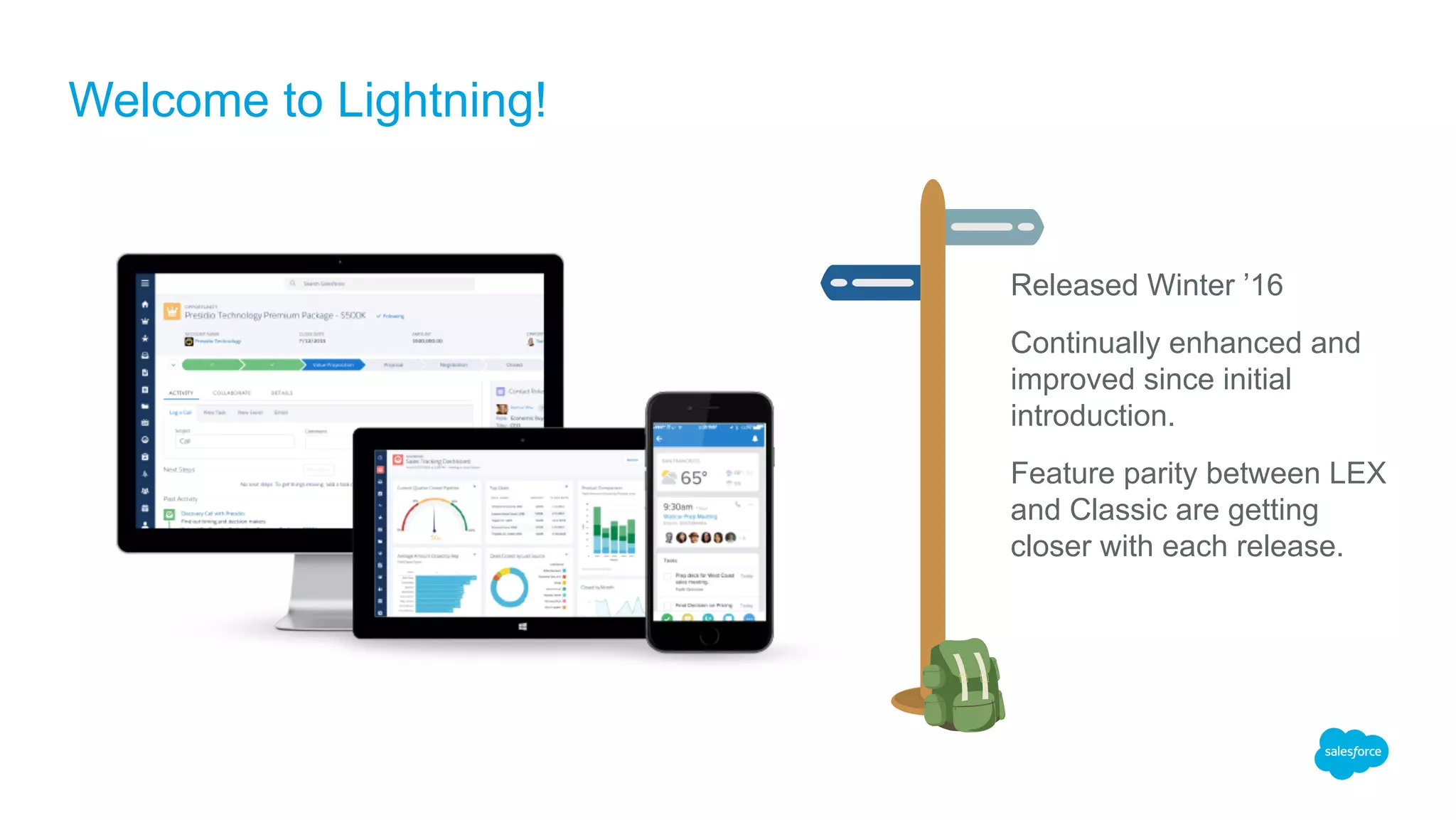 Released Winter ’16
Continually enhanced and
improved since initial
introduction.
Feature parity between LEX
and Classic are getting
closer with each release.
Welcome to Lightning!
 