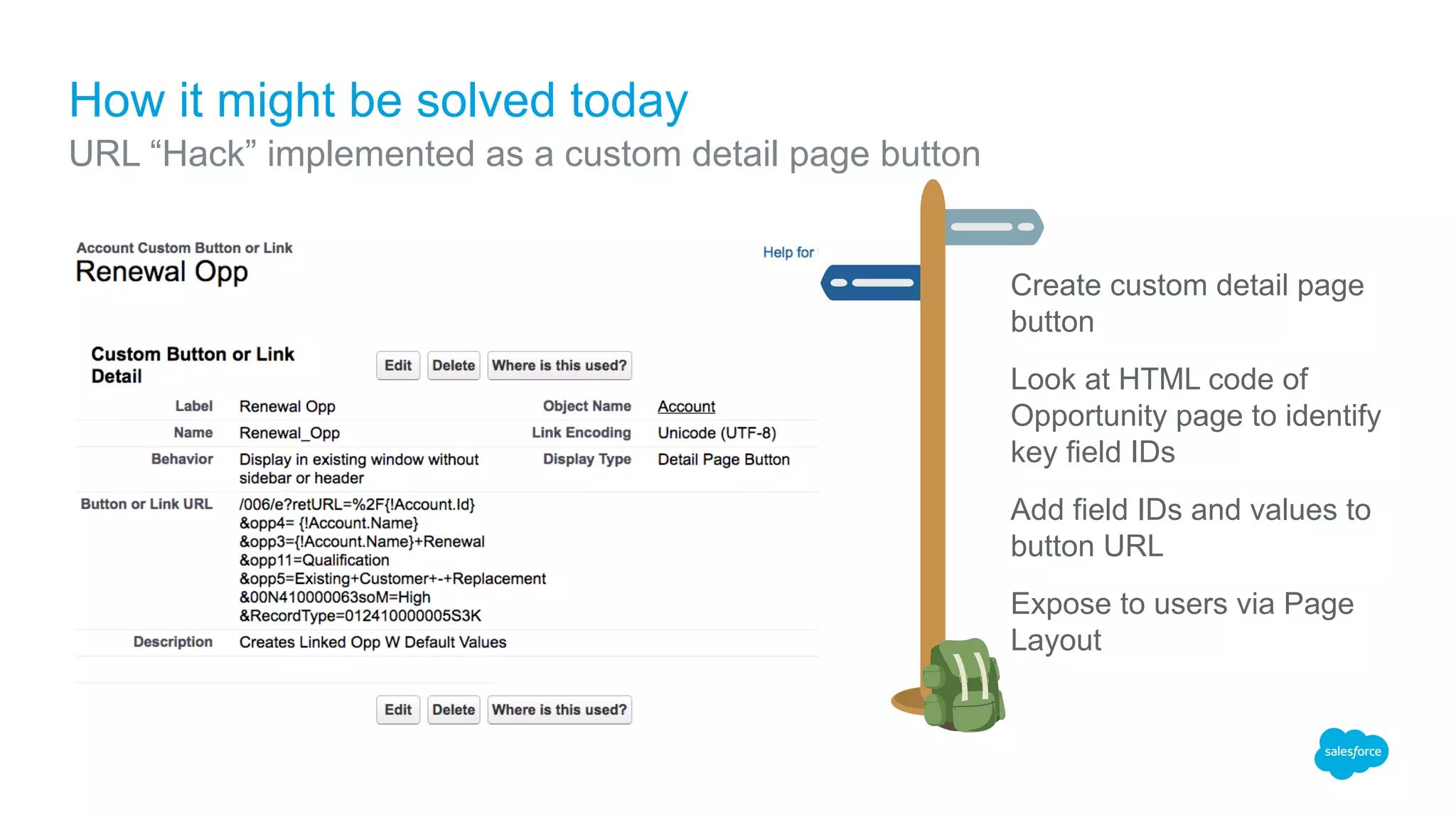 Create custom detail page
button
Look at HTML code of
Opportunity page to identify
key field IDs
Add field IDs and values to
button URL
Expose to users via Page
Layout
How it might be solved today
URL “Hack” implemented as a custom detail page button
 
