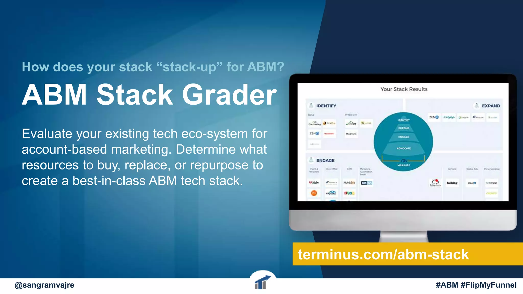 @sangramvajre #ABM #FlipMyFunnel
ABM Stack Grader
Evaluate your existing tech eco-system for
account-based marketing. Determine what
resources to buy, replace, or repurpose to
create a best-in-class ABM tech stack.
How does your stack “stack-up” for ABM?
terminus.com/abm-stack
 