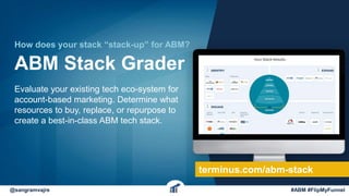@sangramvajre #ABM #FlipMyFunnel
ABM Stack Grader
Evaluate your existing tech eco-system for
account-based marketing. Determine what
resources to buy, replace, or repurpose to
create a best-in-class ABM tech stack.
How does your stack “stack-up” for ABM?
terminus.com/abm-stack
 