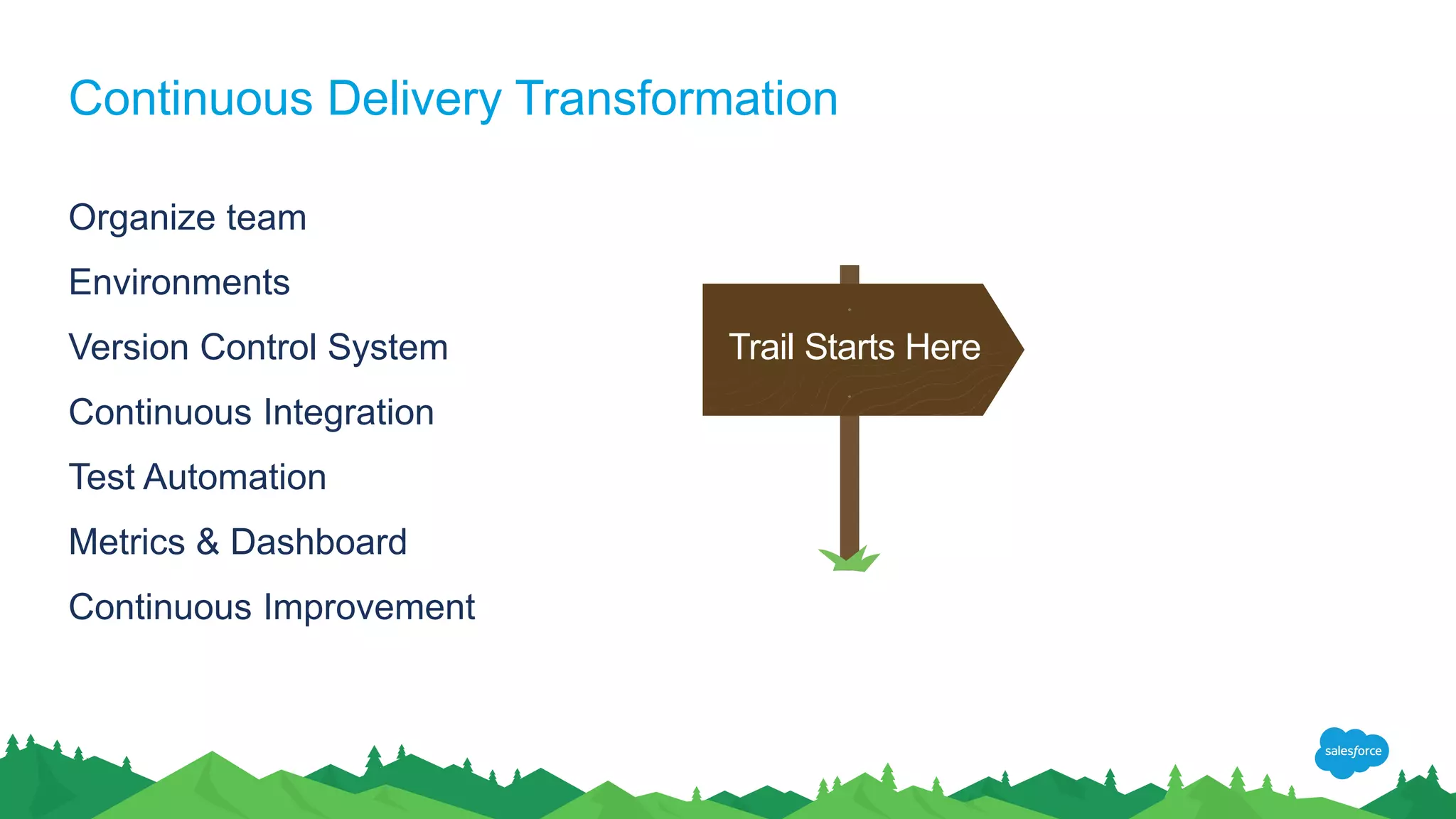 Continuous Delivery Transformation
Organize team
Environments
Version Control System
Continuous Integration
Test Automation
Metrics & Dashboard
Continuous Improvement
Trail Starts Here
 