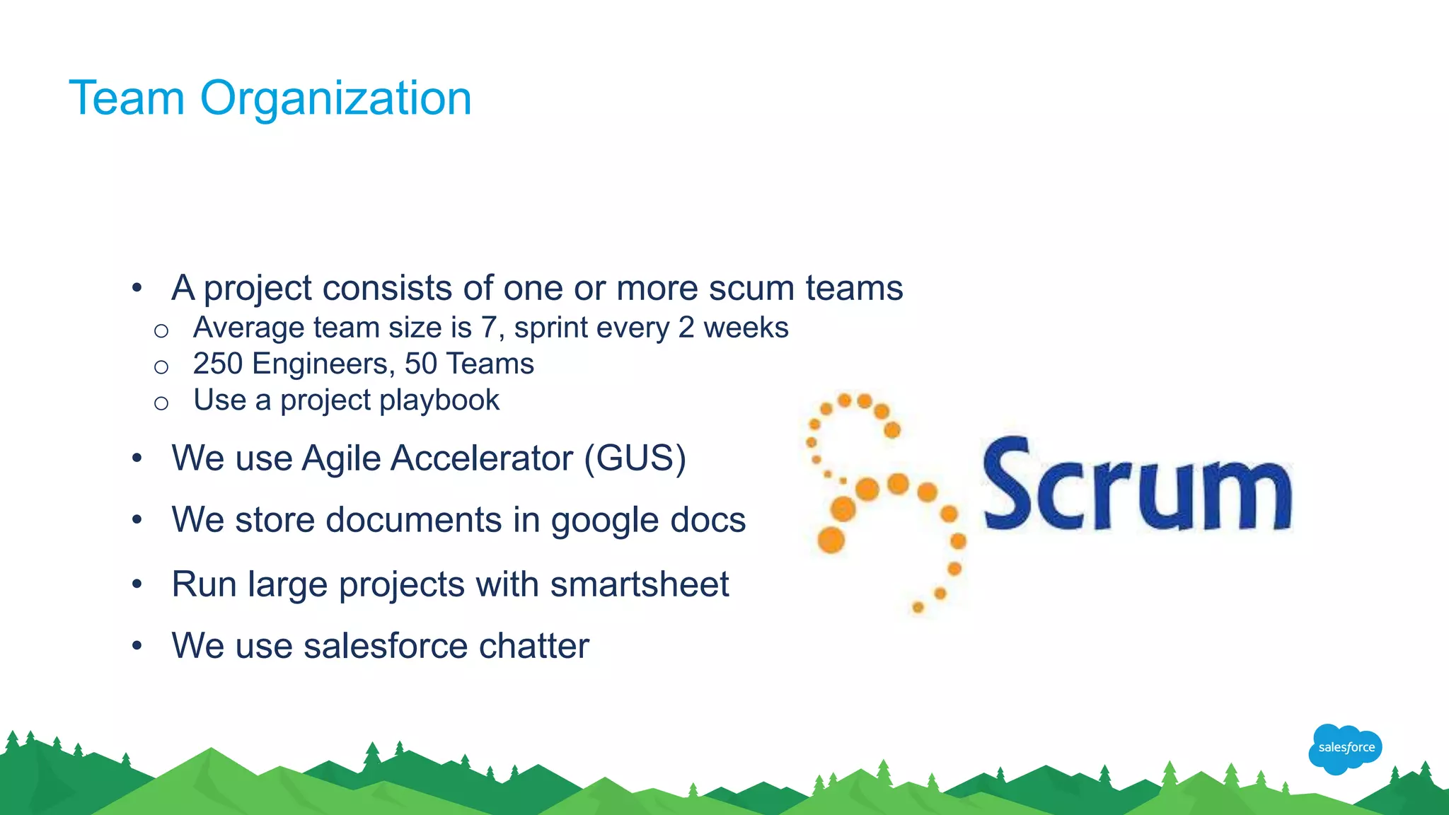 Team Organization
• A project consists of one or more scum teams
o Average team size is 7, sprint every 2 weeks
o 250 Engineers, 50 Teams
o Use a project playbook
• We use Agile Accelerator (GUS)
• We store documents in google docs
• Run large projects with smartsheet
• We use salesforce chatter
 