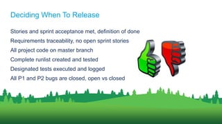 Stories and sprint acceptance met, definition of done
Requirements traceability, no open sprint stories
All project code on master branch
Complete runlist created and tested
Designated tests executed and logged
All P1 and P2 bugs are closed, open vs closed
Deciding When To Release
 