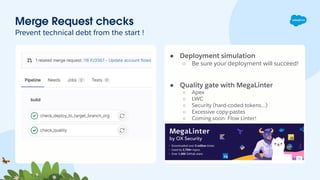 Merge Request checks
Prevent technical debt from the start !
● Deployment simulation
○ Be sure your deployment will succeed!
● Quality gate with MegaLinter
○ Apex
○ LWC
○ Security (hard-coded tokens…)
○ Excessive copy-pastes
○ Coming soon: Flow Linter!
 