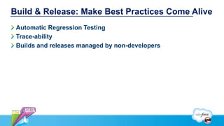 Build & Release: Make Best Practices Come Alive
 Automatic Regression Testing
 Trace-ability
 Builds and releases managed by non-developers
 