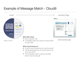 Example of Message Match - Cloud9
        Insert                                                      Landing Page




                 What We Liked
                 • Event-speciﬁc URL                                Visit the landing page
Back of insert   • Compelling offer that works for both booth
                   or web visits

                 What Could Improve
                 • A call to action beyond just “visit the booth”
                 • The landing page has no visual clues to tie
                   it into the event
                 • The message match could be stronger,
                   both in text and visuals
 