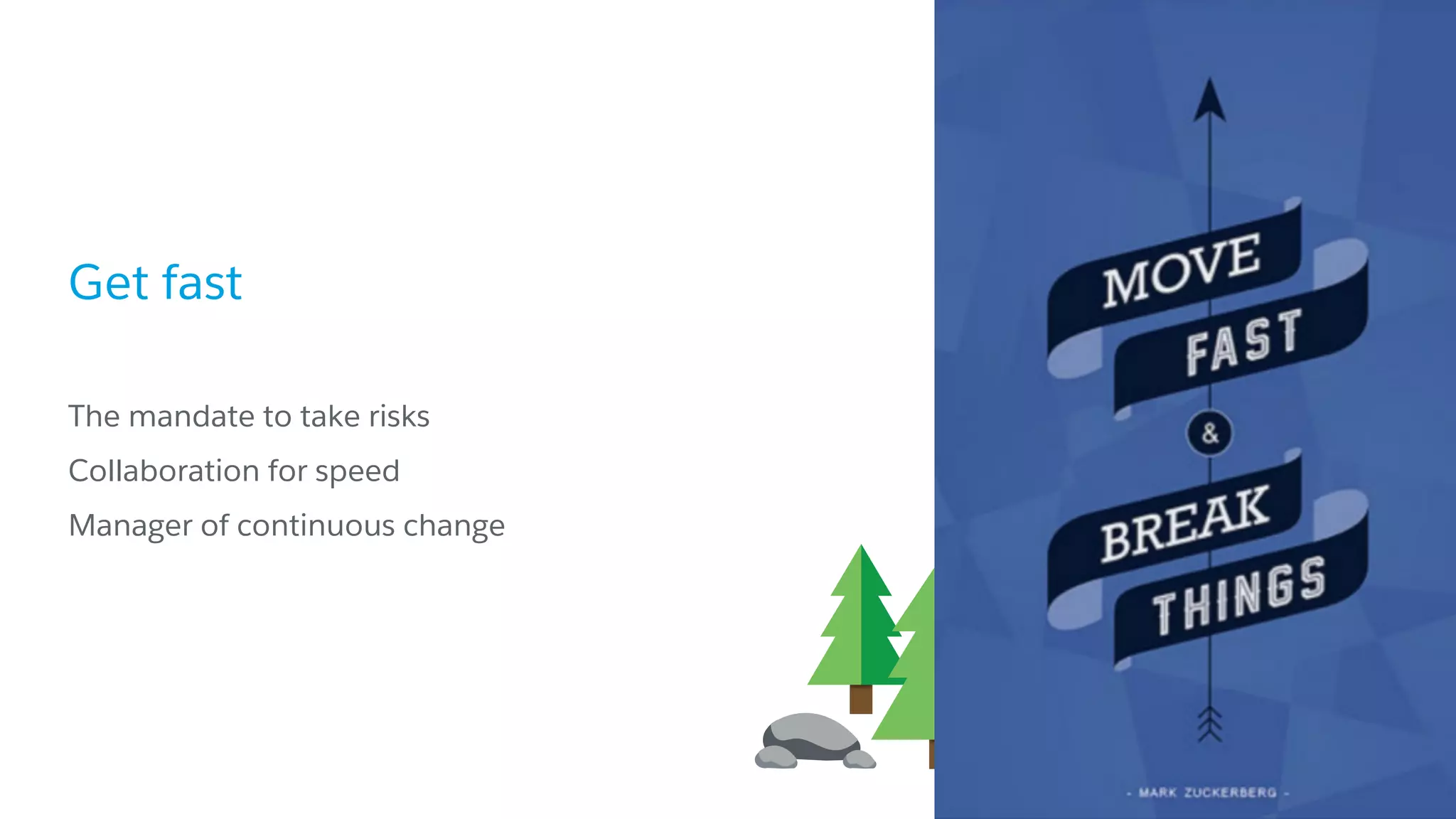 Get fast
​The mandate to take risks
​Collaboration for speed
​Manager of continuous change
 
