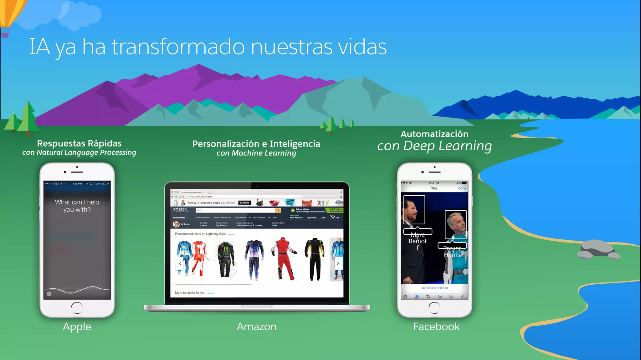 IA ya ha transformado nuestras vidas
Automatización
con Deep LearningPersonalización e Inteligencia
con Machine Learning
Respuestas Rápidas
con Natural Language Processing
Apple Amazon Facebook
Marc
Beniof
f Parker
Harris
 