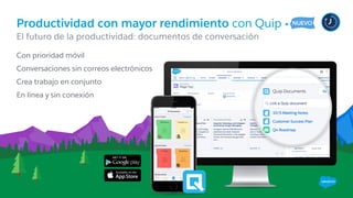 Productividad con mayor rendimiento con Quip
​Con prioridad móvil
​Conversaciones sin correos electrónicos
​Crea trabajo en conjunto
​En línea y sin conexión
​El futuro de la productividad: documentos de conversación
 