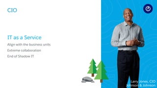 CIO
​IT as a Service
​Align with the business units
​Extreme collaboration
​End of Shadow IT
Larry Jones, CIO
Johnson & Johnson
 