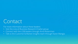 Contact
For more information about these leaders:
• Visit the Line-of-Business Research Chatter group
• Connect with the LOB leaders through Anna Rosenman
• Talk to the Customer & Market Insights team through Karen Mangia
 