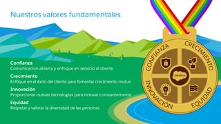 Nuestros valores fundamentales
​Confianza
Comunícacion abierta y enfoque en servicio al cliente
​Crecimiento
Enfóque en el éxito del cliente para fomentar crecimiento mutuo
​Innovación
Proporcionar nuevas tecnologías para innovar constantemente
​Equidad
Respetar y valorar la diversidad de las personas
 
