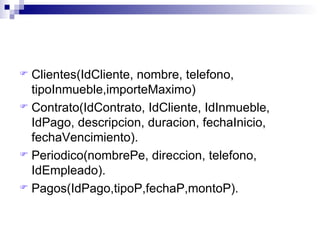 Clientes(IdCliente, nombre, telefono, tipoInmueble,importeMaximo)  Contrato(IdContrato, IdCliente, IdInmueble, IdPago, descripcion, duracion, fechaInicio, fechaVencimiento). Periodico(nombrePe, direccion, telefono, IdEmpleado). Pagos(IdPago,tipoP,fechaP,montoP). 