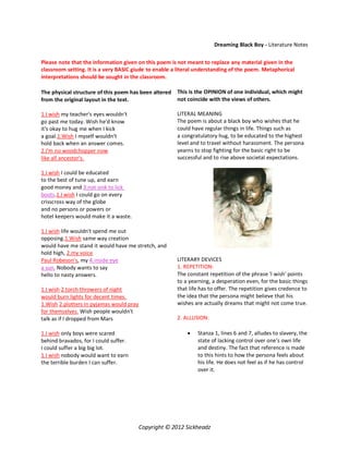 Dreaming Black Boy - Literature Notes

Please note that the information given on this poem is not meant to replace any material given in the
classroom setting. It is a very BASIC giude to enable a literal understanding of the poem. Metaphorical
interpretations should be sought in the classroom.

The physical structure of this poem has been altered   This is the OPINION of one individual, which might
from the original layout in the text.                  not coincide with the views of others.

1.I wish my teacher's eyes wouldn't                    LITERAL MEANING
go past me today. Wish he'd know                       The poem is about a black boy who wishes that he
it's okay to hug me when I kick                        could have regular things in life. Things such as
a goal.1.Wish I myself wouldn't                        a congratulatory hug, to be educated to the highest
hold back when an answer comes.                        level and to travel without harassment. The persona
2.I'm no woodchopper now                               yearns to stop fighting for the basic right to be
like all ancestor's.                                   successful and to rise above societal expectations.

1.I wish I could be educated
to the best of tune up, and earn
good money and 3.not sink to lick
boots.1.I wish I could go on every
crisscross way of the globe
and no persons or powers or
hotel keepers would make it a waste.

1.I wish life wouldn't spend me out
opposing.1.Wish same way creation
would have me stand it would have me stretch, and
hold high, 2.my voice
Paul Robeson's, my 4.inside eye                        LITERARY DEVICES
a sun. Nobody wants to say                             1. REPETITION:
hello to nasty answers.                                The constant repetition of the phrase 'I wish' points
                                                       to a yearning, a desperation even, for the basic things
1.I wish 2.torch throwers of night                     that life has to offer. The repetition gives credence to
would burn lights for decent times.                    the idea that the persona might believe that his
1.Wish 2.plotters in pyjamas would pray                wishes are actually dreams that might not come true.
for themselves. Wish people wouldn't
talk as if I dropped from Mars                         2. ALLUSION:

1.I wish only boys were scared                                Stanza 1, lines 6 and 7, alludes to slavery, the
behind bravados, for I could suffer.                           state of lacking control over one's own life
I could suffer a big big lot.                                  and destiny. The fact that reference is made
1.I wish nobody would want to earn                             to this hints to how the persona feels about
the terrible burden I can suffer.                              his life. He does not feel as if he has control
                                                               over it.




                                          Copyright © 2012 Sickheadz
 