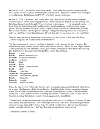 October 11, 2008 -- I watched a newscast on Jordan TV that had a large segment on Queen Rania.
She visited a madrassa (school) and afterwards, some Bedouins. They said “Canada” when looking at
a box of potatoes. I didn't understand 99.99% of it, but it was very interesting.

October 12, 2008 -- Paul and I were talking about how English is such a mish-mash of languages
whereas Arabic is a much purer language with its 3-letter root system. English lacks consistency and
I'm always having to say to the girls, “I know it should be pronounced ___, but we actually say it, ___.”
I was doing the Rosetta Stone today and bombed on matching el binata yaktubna with its proper
picture, thinking that since there was a picture of girls reading, that must be linked with k-t-b (book).
But el binata yaktubna was “the girls are writing.” “The girls are reading” turned out to be el binata
yakre-na. Don't know what the root there is. I'll look it up later if I can coax it out of my Hans Wehr.

Nicholas Awde and Putros Samano describe the three letter root system in their book The Arabic
Alphabet using the k-t-b example that I referred to above:

The three consonants, k, t, and b – combined in that order: k-t-b – connote the idea of writing. The
simplest word based on those letters is kataba, which means 'to write.' That is the root. If you go to an
Arabic dictionary and look up the root kataba, you will find, among many other entries, the following
(the three letters of the root are printed in bold type so that they stand out).
kataba       to write
kattaba       to make someone write
takaataba to write to each other
istaktaba      to dictate
kitaab        book
maktab        office
maktaba       library (also bookstore)
kaatib        clerk
miktaab         typewriter
mukaataba correspondence
mukaatib        correspondent, reporter
kutubii         bookseller
kutayyib        booklet
maktuub         written (or letter)

I liked the idea of a root system right from the start. It sounded much easier than English which draws
on so many other languages, Latin, Saxon, French... In addition to the obvious connections between
words there are lesser obvious connections. Awde and Samano give an example of a lesser obvious
connection. Katiiba means 'squadron' or 'military detachment'. So the word seems to come from the
tradition of putting the battalions on paper before engaging in the actual battle.

This fascinated me because I'm the type of person who could read an Etymological Dictionary the way
some people read mystery novels. I love knowing where words come from. Recently my girls asked
me what 'cookies' meant and we looked it up. It's Danish for 'little cakes.' Just knowing that makes
cookies more charming for me. (As if they don't have enough charms on their own.)

There are also patterns in Arabic.


                                                   121
 