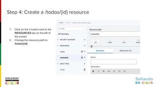 1. Click on the + button next to the
RESOURCES tab on the left of
the screen.
2. Change the resource path to
/todos/{id}
Step 4: Create a /todos/{id} resource
 