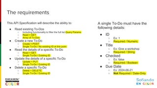 A single To-Do must have the
following details:
● ID
○ Ex: 1
○ Required / Numeric
● Title
○ Ex: Give a workshop
○ Required / String
● Checked
○ Ex: false
○ Required / Boolean
● Due Date
○ Ex: 2024-06-21
○ Not Required / Date-Only
This API Specification will describe the ability to:
● Read existing To-Dos
○ Including functionality to filter the full list-Query Params
○ Read = GET
○ Array of To-Dos
● Create a new To-Do
○ Create = POST
○ Single To-Do / No existing ID at this point
● Read the details of a specific To-Do
○ Read = GET
○ Single To-Do / Existing ID
● Update the details of a specific To-Do
○ Update = PUT
○ Single To-Do / Existing ID
● Delete a specific To-Do
○ Delete = DELETE
○ Single To-Do / Existing ID
The requirements
 