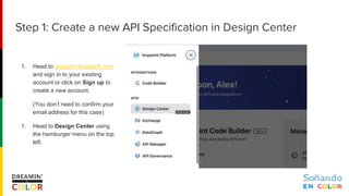 1. Head to anypoint.mulesoft.com
and sign in to your existing
account or click on Sign up to
create a new account.
(You don’t need to confirm your
email address for this case)
1. Head to Design Center using
the hamburger menu on the top
left.
Step 1: Create a new API Specification in Design Center
 