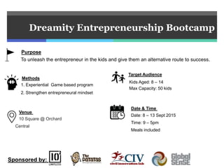 10 Square @ Orchard
Central
Kids Aged: 8 – 14
Max Capacity: 50 kids
1. Experiential Game based program
2. Strengthen entrepreneural mindset
Purpose
Dreamity Entrepreneurship Bootcamp
Venue
Methods
Target Audience
To unleash the entrepreneur in the kids and give them an alternative route to success.
Date: 8 – 13 Sept 2015
Time: 9 – 5pm
Meals included
Date & Time
Sponsored by:
 