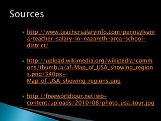    http://www.teachersalaryinfo.com/pennsylvani
    a/teacher-salary-in-nazareth-area-school-
    district/

   http://upload.wikimedia.org/wikipedia/comm
    ons/thumb/a/af/Map_of_USA_showing_region
    s.png/340px-
    Map_of_USA_showing_regions.png

   http://freeworldtour.net/wp-
    content/uploads/2010/08/photo_usa_tour.jpg
 