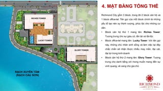 RẠCH XUYÊN TÂM
(RẠCH CẦU SƠN)
LUCKY TOWER
GLORY TOWER
4. MẶT BẰNG TỔNG THỂ
RICHES TOWER
Richmond City gồm 3 block, trong đó 2 block căn hộ và
1 block office-tel. Tên gọi của mỗi block chính là những
yếu tố tạo nên sự thịnh vượng, phúc lộc cho những cư
dân.
• Block căn hộ thứ 1 mang tên: Riches Tower:
Tượng trưng cho sự giàu có, tấn tài và tấnlộc
• Block office-tel mang tên: Lucky Tower: Với tên gọi
này, những chủ nhân sinh sống và làm việc tại đây
chắc chắn sẽ nhận được nhiều may mắn, đại cát,
đại lợi trong kinh doanh
• Block căn hộ thứ 2 mang tên: Glory Tower: Tượng
trưng cho danh tiếng với mong muốn mang đến sự
vinh quang, vẻ vang cho gia chủ
 