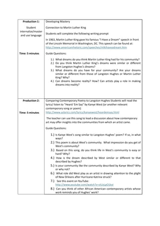 Production 1:
Student
internalize/master
and use language
Time: 5 minutes
Developing Mastery
Connection to Martin Luther King
Students will complete the following writing prompt
In 1963, Martin Luther King gave his famous “I Have a Dream” speech in front
of the Lincoln Memorial in Washington, DC. This speech can be found at:
http://www.americanrhetoric.com/speeches/mlkihaveadream.htm
Guide Questions:
1.) What dreams do you think Martin Luther King had for his community?
2.) Do you think Martin Luther King’s dreams were similar or different
from Langston Hughes’s dreams?
3.) What dreams do you have for your community? Are your dreams
similar or different from those of Langston Hughes or Martin Luther
King? Why?
4.) Can dreams become reality? How? Can artists play a role in making
dreams into reality?
Production 2:
Time: 5 minutes
Comparing Contemporary Poetry to Langston Hughes Students will read the
lyrics/ listen to “Heard ‘Em Say” by Kanye West (or another relevant
contemporary song or poem)
http://www.azlyrics.com/lyrics/kanyewest/heardemsay.html
The teacher can use this song to lead a discussion about how contemporary
art may offer insights into the communities from which an artist came.
Guide Questions:
1.) Is Kanye West’s song similar to Langston Hughes’ poem? If so, in what
ways?
2.) This poem is about West’s community. What impression do you get of
West’s community?
3.) Based on this song, do you think life in West’s community is easy or
hard? Why?
4.) How is the dream described by West similar or different to that
described by Hughes?
5.) Is your community like the community described by Kanye West? Why
or why not?
6.) What role did West play as an artist in drawing attention to the plight
of New Orleans after Hurricane Katrina struck?
7.) See this event on YouTube:
http://www.youtube.com/watch?v=zIUzLpO1kxI
8.) Can you think of other African American contemporary artists whose
work reminds you of Hughes’ work?
 