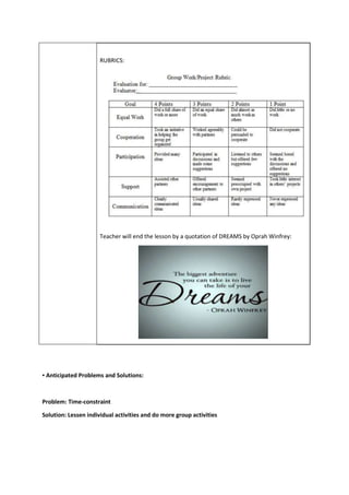RUBRICS:
Teacher will end the lesson by a quotation of DREAMS by Oprah Winfrey:
▪ Anticipated Problems and Solutions:
Problem: Time-constraint
Solution: Lessen individual activities and do more group activities
 