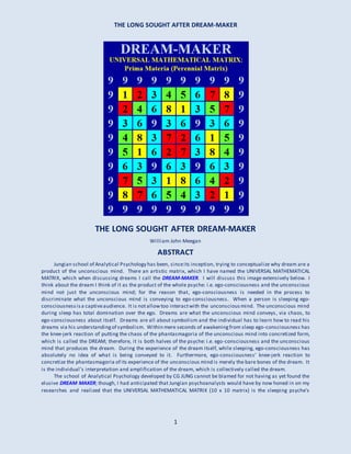 THE LONG SOUGHT AFTER DREAM-MAKER:
Creator of the Time/Space Continuum
1
THE LONG SOUGHT AFTER DREAM-MAKER:
Creator of the Time/Space Continuum
William John Meegan
PREAMBLE
The Jungian school of Analytical Psychology has been, since its inception, trying to conceptualize why dreams
are a product of the personal unconscious ego (Shadow). Above is an artistic matrix, which I have named the
UNIVERSAL MATHEMATICAL MATRIX: Prima Materia (Perennial Matrix1), which when discussing dreams I
call the DREAM-MAKER. I will discuss this image extensively below (see also this paper’s Addendum). When I
think about the dream I think of it as the product of the whole psyche: i.e. ego-consciousness and the personal
unconscious ego (Shadow), which exudes (rises from) the Universal Mathematical Matrix: Prima Materia
(Perennial Matrix)”; for the reason that, ego-consciousness is needed in the process of understanding the dream to
discriminate what the personal unconscious ego (Shadow) is conveying to ego-consciousness. When a person is
sleeping ego-consciousness is a captive and mute audience to its own internal reflectiveness: i.e. there is no internal
critiquing of what the personalunconscious ego (Shadow) has to say to the conscious ego. Ego-consciousness is not
allowed to freely have any interaction whatsoever with the personal unconscious ego (Shadow) during sleep. The
personal unconscious ego (Shadow) during sleep has total domination over the conscious ego; however, the ego is
also unconsciously its own Shadow: the two are one. Dreams are what the personal unconscious ego (Shadow: i.e.
moon) conveys, via chaos, to the soul via the awakened ego-consciousness (sun) about itself via the mirror imaging
affect. It is obvious through the symbolism of the outer real world, which is a projection of the soul, that the two-
part psyche (two-part ego): i.e. the Earth symbolizes the soul. The sun setting is symbolically the soul losing
interest (energy) in its present activities, which is symbolic to what humans call tediousness and repetitive actions in
its day to day activities in the real world. The outer world’s symbolism exudes that monotonous behavior of ego-
consciousness; whereas, the personal unconscious ego (Shadow) is conveying to its alter ego that it should move on
and do something else and not become stagnated and caught up in obsessions and addictions: i.e. symbolically
statue-like figures, which are the foundations of all monotonous behavior in the real world. There are a number of
psychic reasons that the personal unconscious ego (Shadow) ostensibly gives the conscious ego this advice about
1 CG Jung called the psychethePrima Materia,whichI agreewith and this matrixis real andideal physical manifestation ofthe psyche: ego-
consciousness and the unconscious mind, which is a commentary on the MONAD.
 