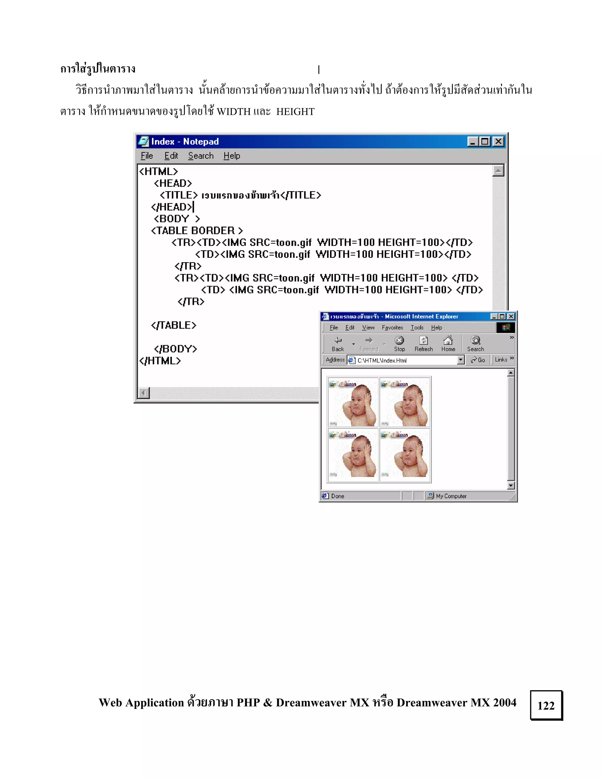 การใสรูปในตาราง
วิธีการนําภาพมาใสในตาราง นั้นคลายการนําขอความมาใสในตารางทั่งไป ถาตองการใหรูปมีสัดสวนเทากันใน
ตาราง ใหกําหนดขนาดของรูปโดยใช WIDTH และ HEIGHT

Web Application ดวยภาษา PHP & Dreamweaver MX หรือ Dreamweaver MX 2004

122

 