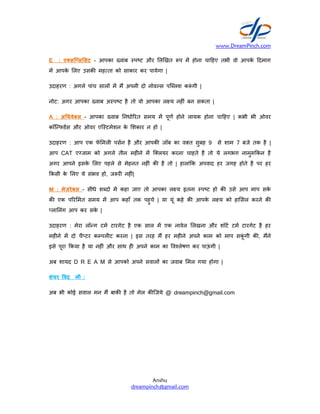 E : ए सि ल सट - आपका वाब
म आपके लए उसक मह ता को साकार
उदाहरण : अगले पांच साल म म अपनी
नोट: अगर आपका वाब अ प ट है
A : अ चवेबल - आपका वाब नधा रत
कॉि फडस और ओवर एि टमेशन के
उदाहरण : आप एक फॅ मल पसन
आप CAT ए जाम को अगले तीन
अगर आपने इसके लए पहले से मेहनत
कसी के लए ये संभव हो, ज र नह ं
M : मेजरेबल - सीधे श दो म कहा
क एक प र मत समय म आप कहाँ
ला नंग आप कर सके |
उदाहरण : मेरा लॉ ग टम टारगेट
मह ने म दो चै टर क पल ट करना
इसे पूरा कया है या नह ं और साथ
अब शायद D R E A M से आपको
शेयर वद मी :
अब भी कोई सवाल मन म बाक है
www.DreamPinch.com
Anshu
dreampinch@gmail.com
वाब प ट और ल खत प म होना चा हए तभी वो
साकार कर पायेगा |
अपनी दो नोव स पि लश क ं गी |
है तो वो आपका ल य नह ं बन सकता |
नधा रत समय म पूण होने लायक होना चा हए | कभी
के शकार न हो |
है और आपक जॉब का व त सुबह 9 से शाम 7
तीन मह ने म ि लयर करना चाहते है तो ये लगभग
मेहनत नह ं क है तो | हालां क अपवाद हर जगह
नह ं|
कहा जाए तो आपका ल य इतना प ट हो क उसे
कहाँ तक पहुचे | या यूं कहे क आपके ल य को हा सल
है एक साल म एक नावेल लखना और शॉट टम
करना | इस तरह म हर मह ने अपने काम को माप सकूं गी
साथ ह अपने काम का व लेषण कर पाऊं गी |
आपको अपने सवाल का जवाब मल गया होगा |
है तो मेल क िजये @ dreampinch@gmail.com
www.DreamPinch.com
आपके दमाग
कभी भी ओवर
7 बजे तक है |
लगभग नामुम कन है
होते है पर हर
आप माप सके
हा सल करने क
टम टारगेट है हर
सकूं गी क , मने
 