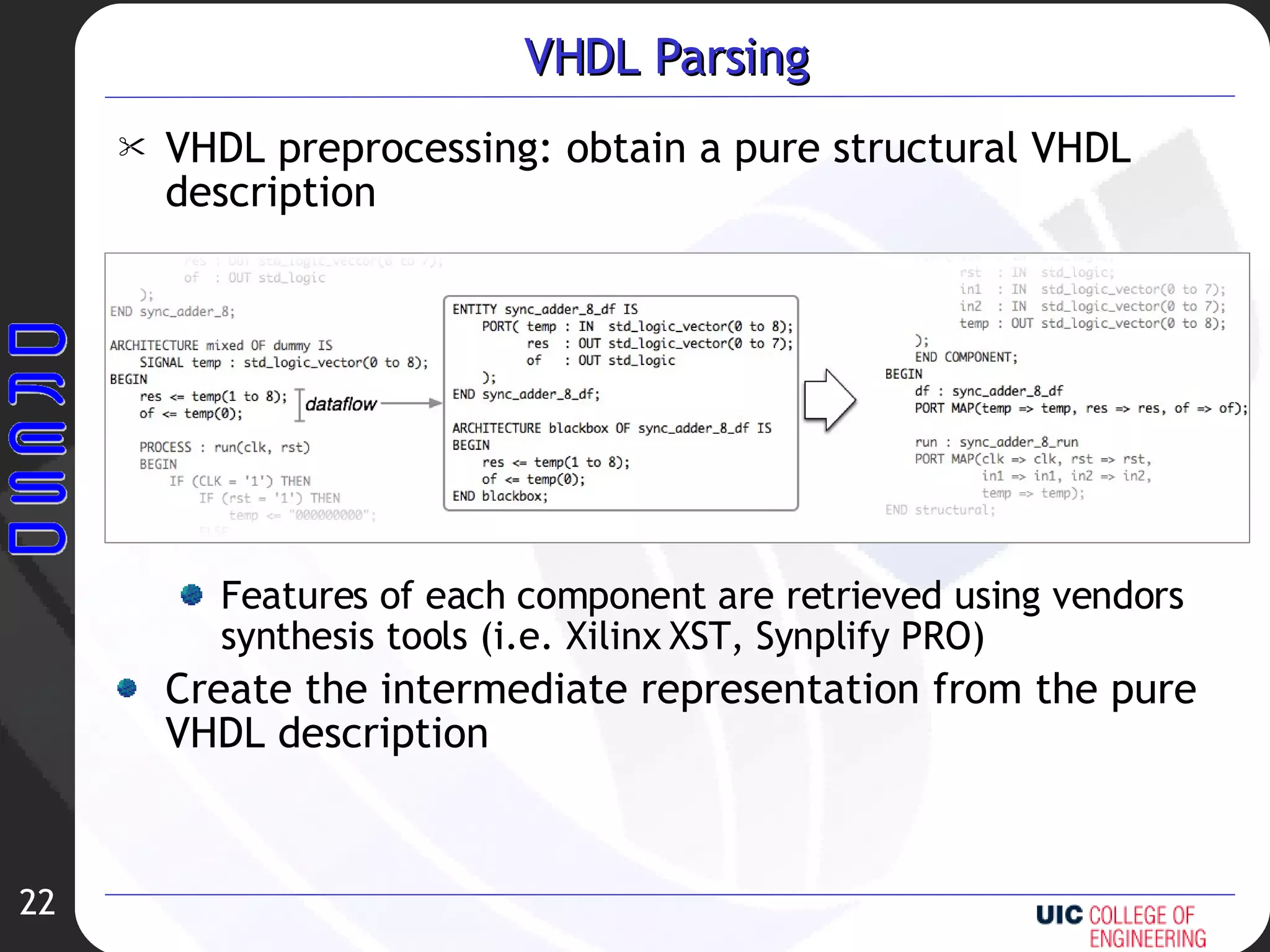 VHDL Parsing VHDL preprocessing: obtain a pure structural VHDL description Features of each component are retrieved using vendors synthesis tools (i.e. Xilinx XST, Synplify PRO) Create the intermediate representation from the pure VHDL description 